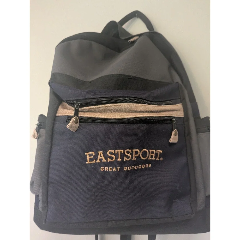 Vintage Eastport Backpack Forrest Green Nylon Tan Suede Trim Zip 5 Pockets